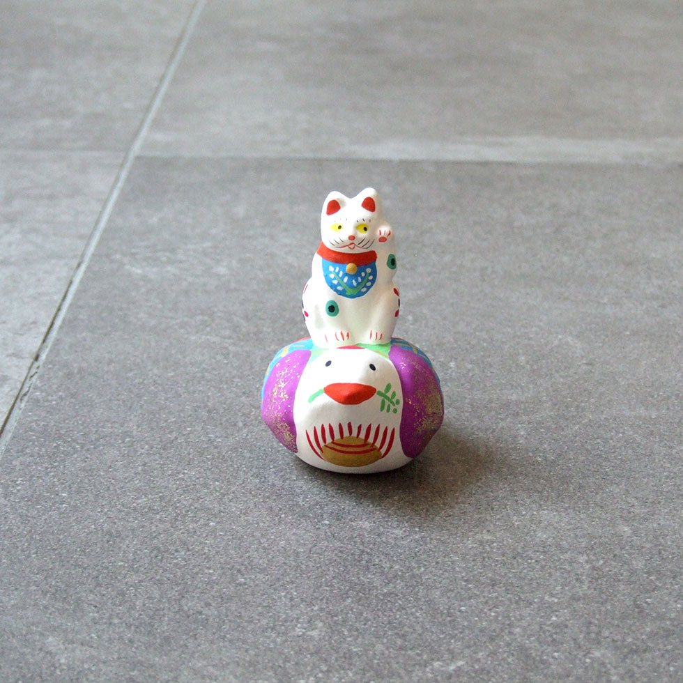 郷土玩具 民藝 福島県 工房千想 福良雀乗り猫 縁起物 置物 開運 厄除け