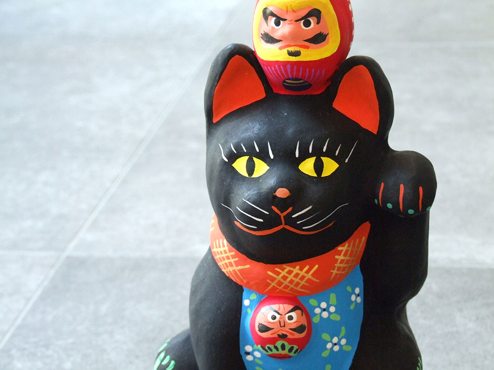 郷土玩具 民藝 福島県 工房千想 招き猫乗り達磨 黒猫 特大 縁起物 置物