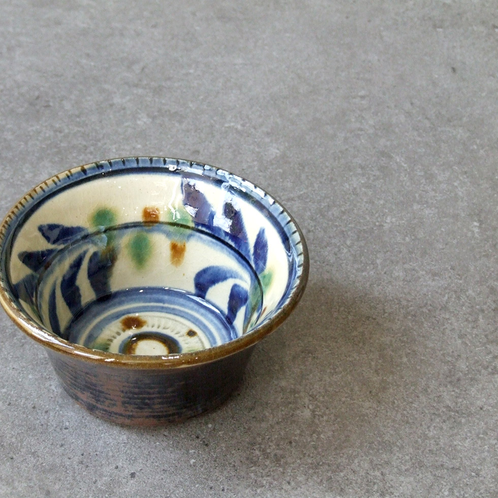 やちむん 民藝 工房福田 福田健治 4寸深鉢 小鉢 コバルト葉紋 : おまめ