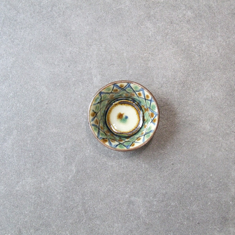 やちむん 民藝 工房福田 福田健治 3.5寸深鉢 小鉢 緑に飴 格子