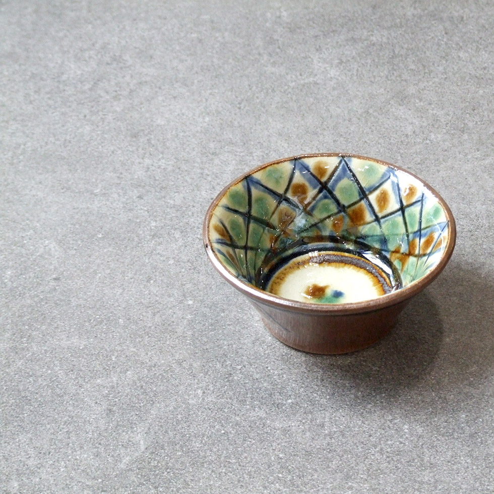 やちむん 民藝 工房福田 福田健治 3.5寸深鉢 小鉢 緑に飴 格子