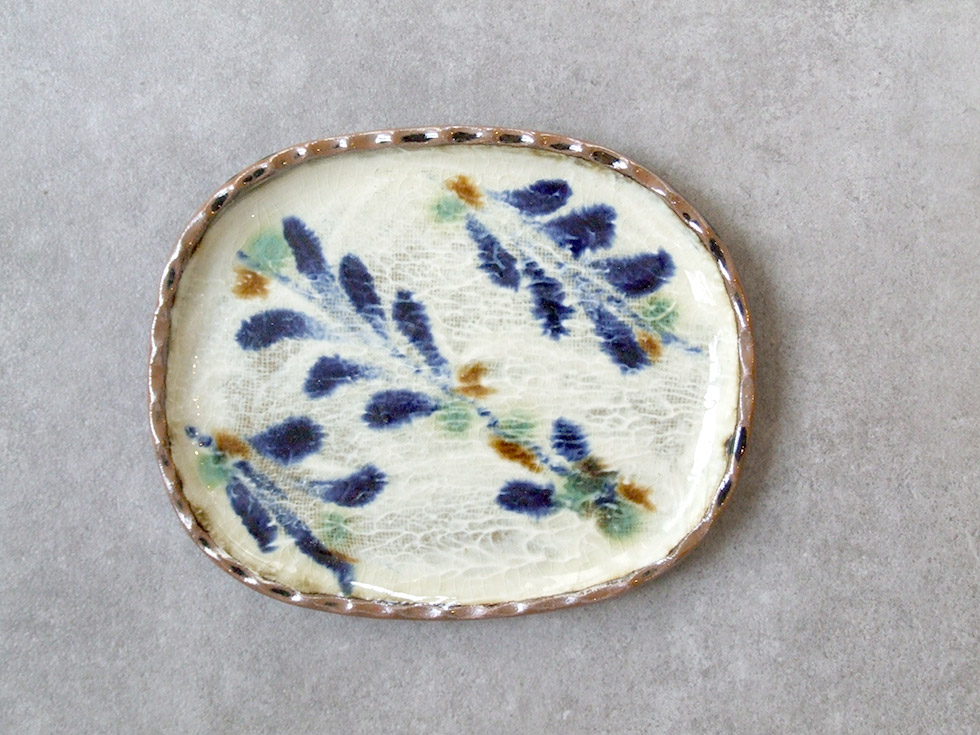 やちむん　楕円形皿　花 やちむん 民藝 工房福田 福田健治 楕円皿 小 コバルト葉紋 : おまめ