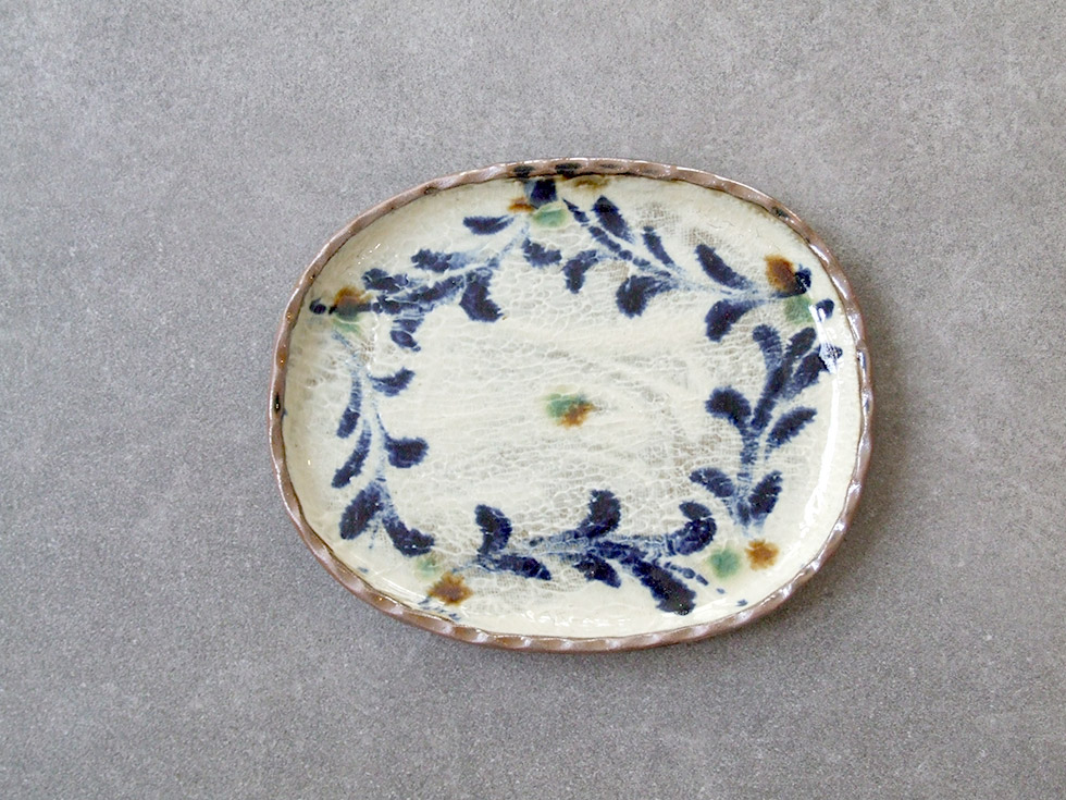 やちむん 民藝 工房福田 福田健治 楕円皿 中 コバルト葉紋 : おまめ