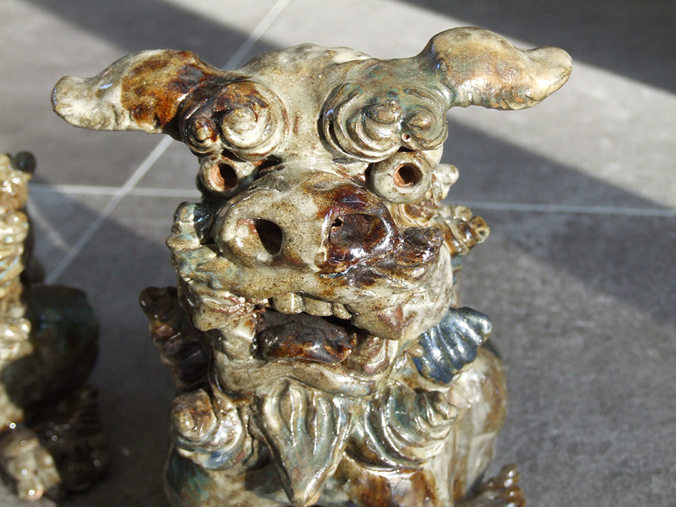 やちむん 民藝 壺屋焼 陶藝玉城シーサー 対 若子さん作1 : おまめ