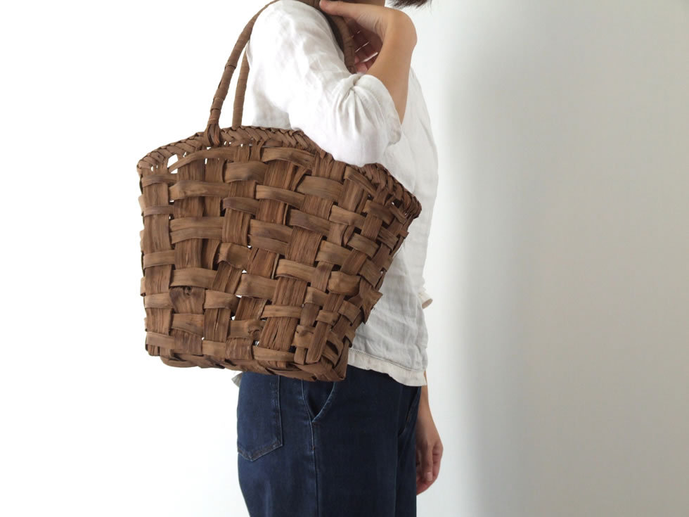 純国産 籠作家悠帆さん作 山葡萄かごバッグ 市松編み 乱れ編み 半月型