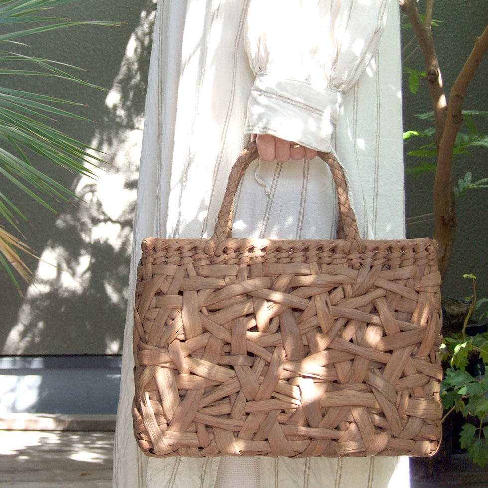 純国産 信州長野県 山葡萄かごバッグ 太ヒゴ乱れ編み 定番型大 上 柿渋