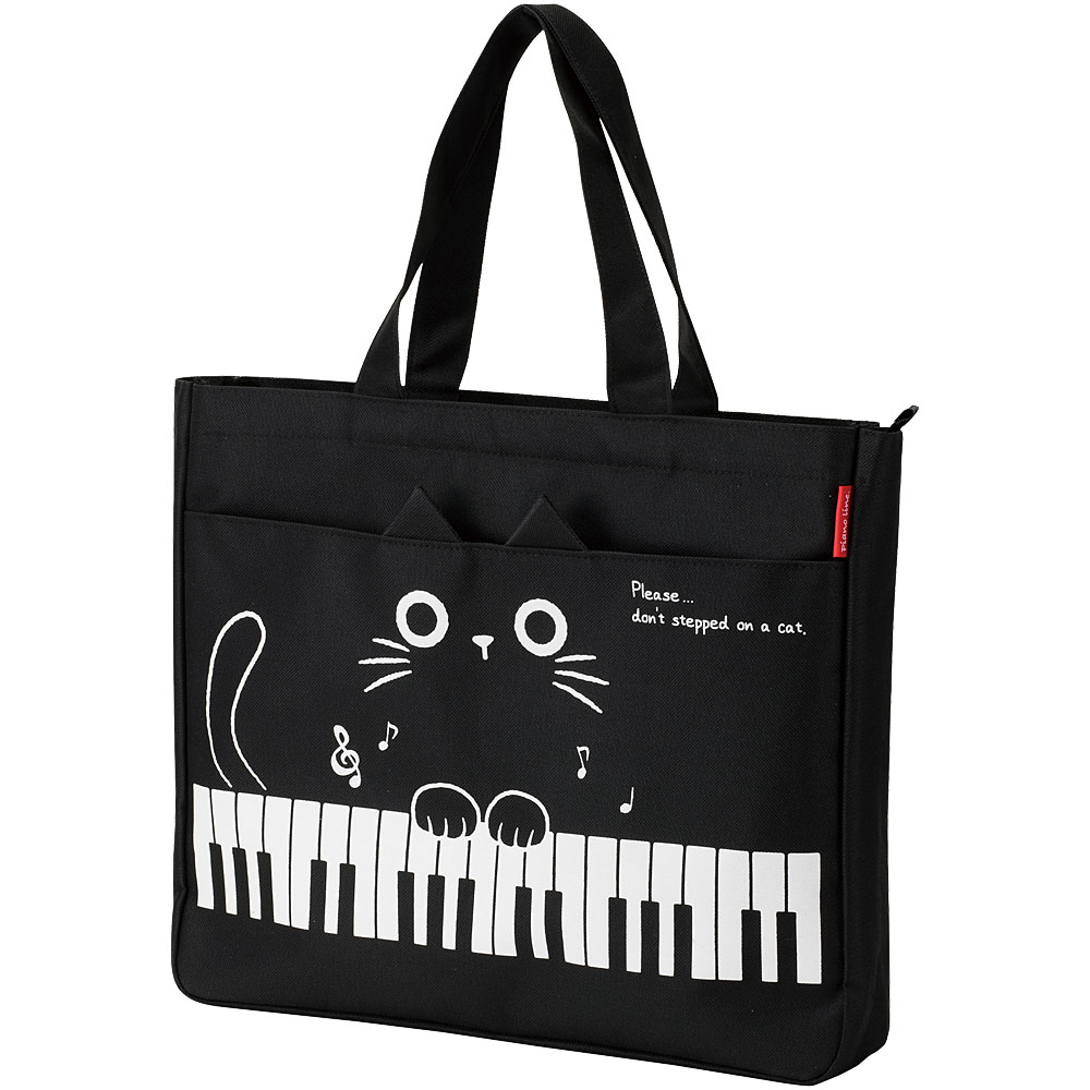 Pianoline ファスナー付き横型トートバッグ（猫柄）【ピアノ鍵盤柄