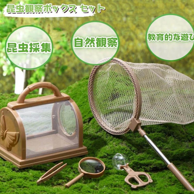昆虫観察ボックス 5点セット 昆虫採集キット 拡大鏡付き 虫かご 昆虫