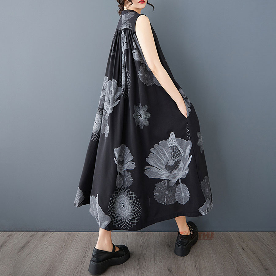 レディース 花柄 シフォン ロングワンピース ノースリーブ 前開き 立ち