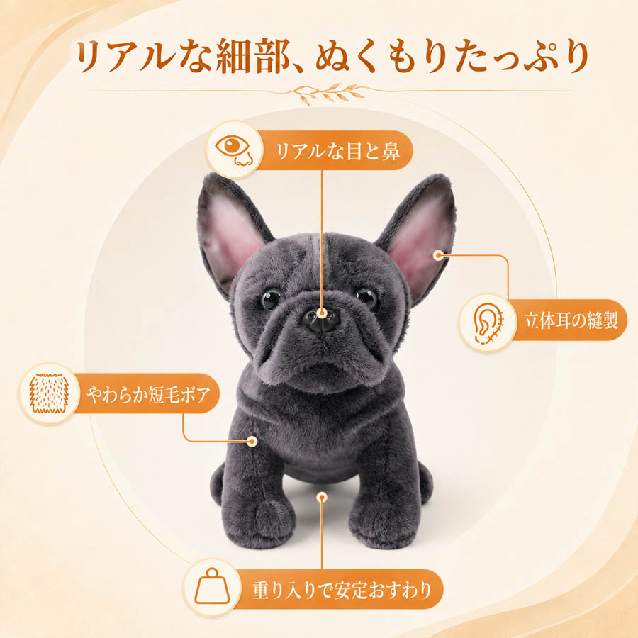 フレンチブルドッグ ぬいぐるみ 22cm 犬 ブラウン ブラック リアル