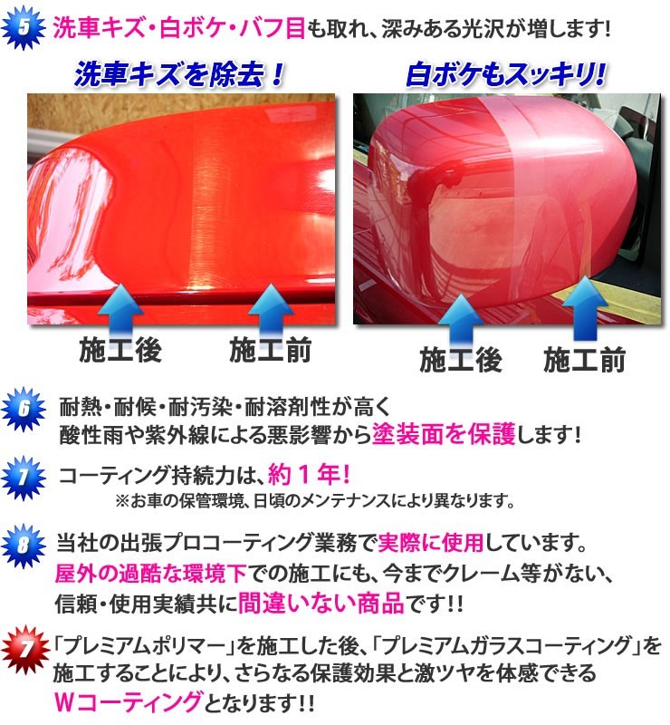 洗車キズ・白ボケ・バフ目も取れ、深みある光沢が増します！洗車キズを除去！白ボケもスッキリ！★耐熱・対候・耐汚染・耐溶剤性が高く、酸性雨や紫外線による悪影響から塗装面を保護します★コーティング持続力は、約1年（お車の保管環境、日頃のメンテナンスにより異なります）★当社の出張プロコーティング業務でも実際に使用しています。屋外の過酷な環境下でも施工にも、今までクレーム等がない、信頼・使用実績共に間違いない商品です★「プレミアムポリマー」を施工した後、「プレミアムガラスコーティング」を施工することにより、さらなる保護効果と激ツヤを体感できるWコーティングとなります