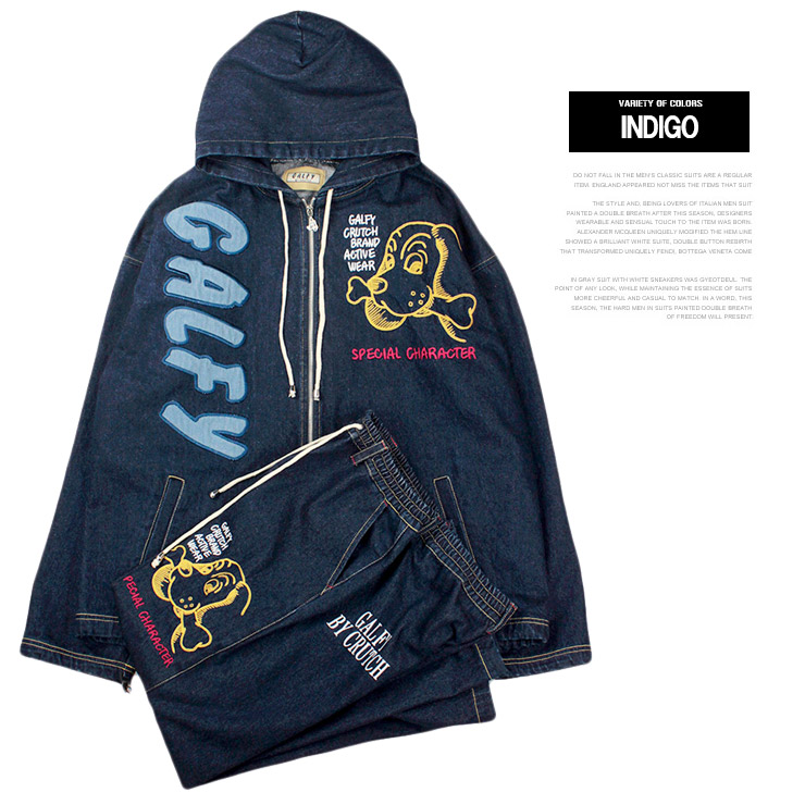 GALFY セットアップ　フード付きブラックジャケット&デニムワイドカーゴパンツ GALFY セットアップフード付きブラックジャケット&デニムワイドカーゴ