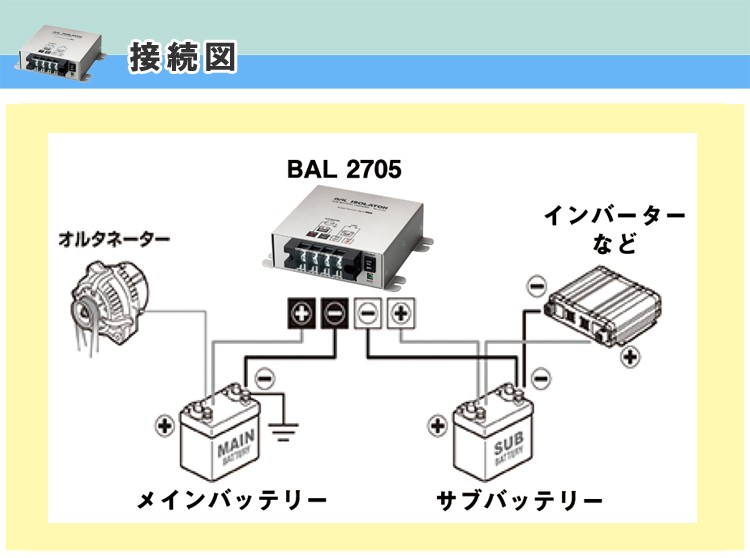 BAL大橋産業 アイソレーター 走行充電器 BAL-2705+ケーブルセット 最大出力電流60A 出力電圧12V :bal-kiv-set:サブバッテリーシステム専門店ワンゲイン  - 通販 - Yahoo!ショッピング