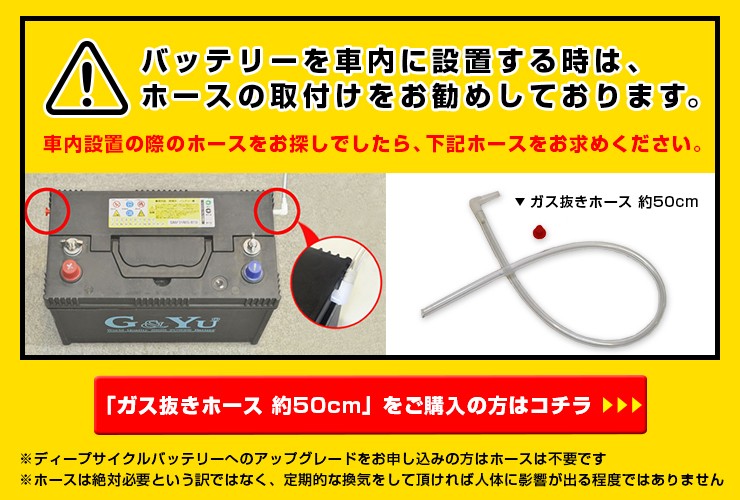 バッテリーを社内に設置する時はホースの取り付けをおすすめしております。