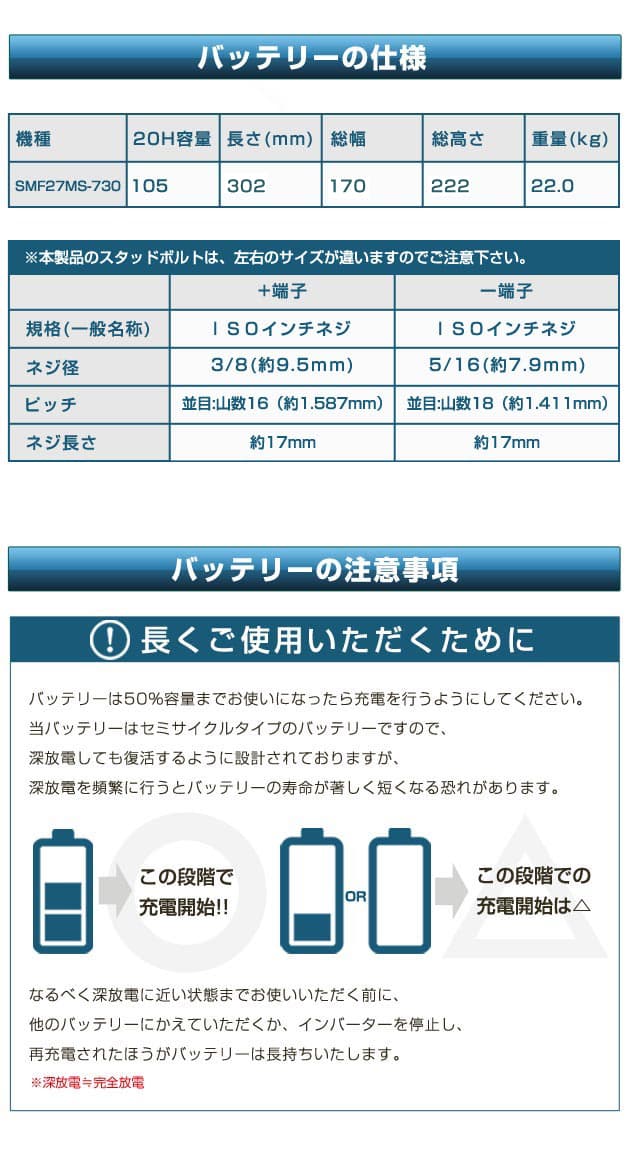 バッテリーの仕様表・バッテリーの注意事項