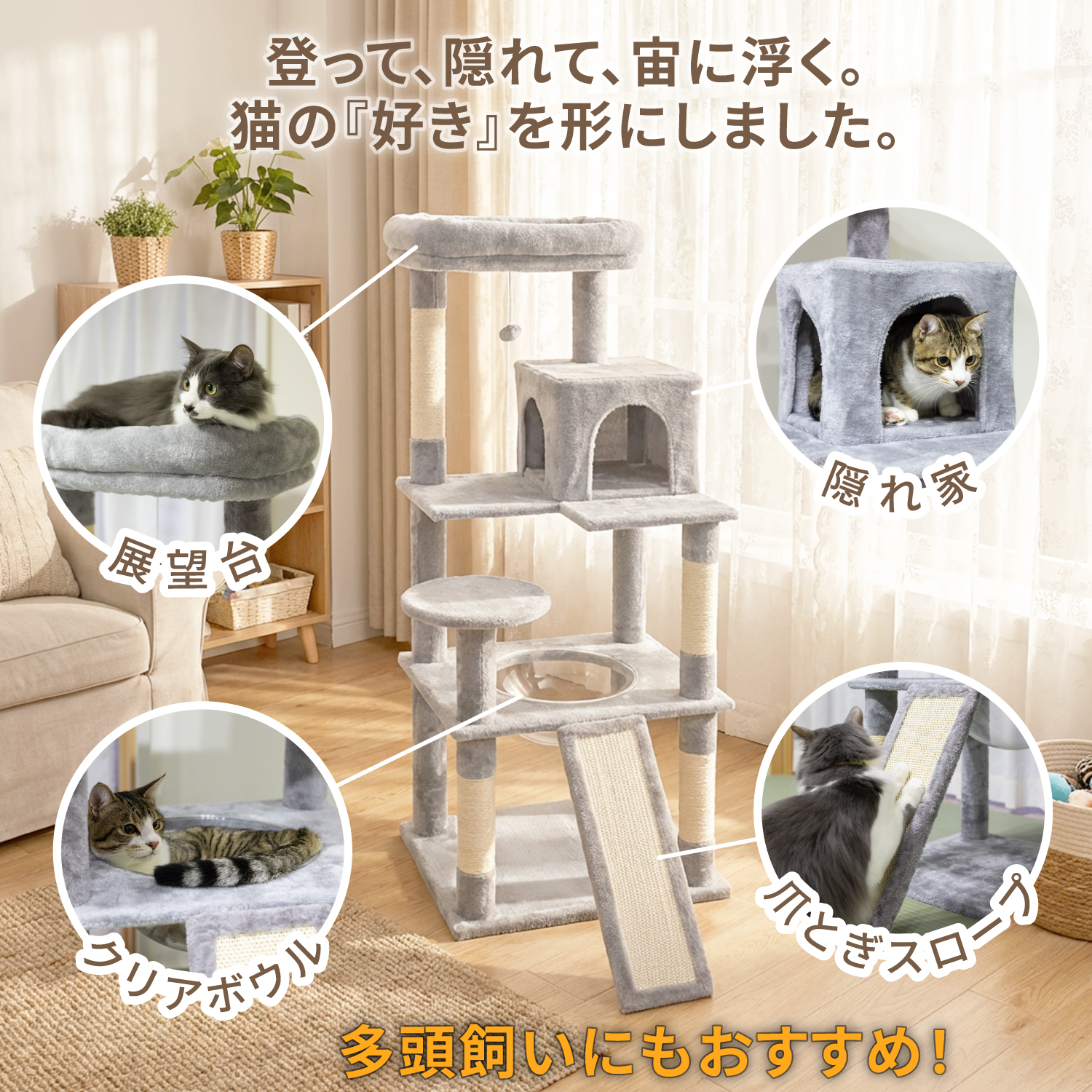 キャットタワー 据え置き 高さ142cm 多頭飼い 大型猫対応 クリアボウル