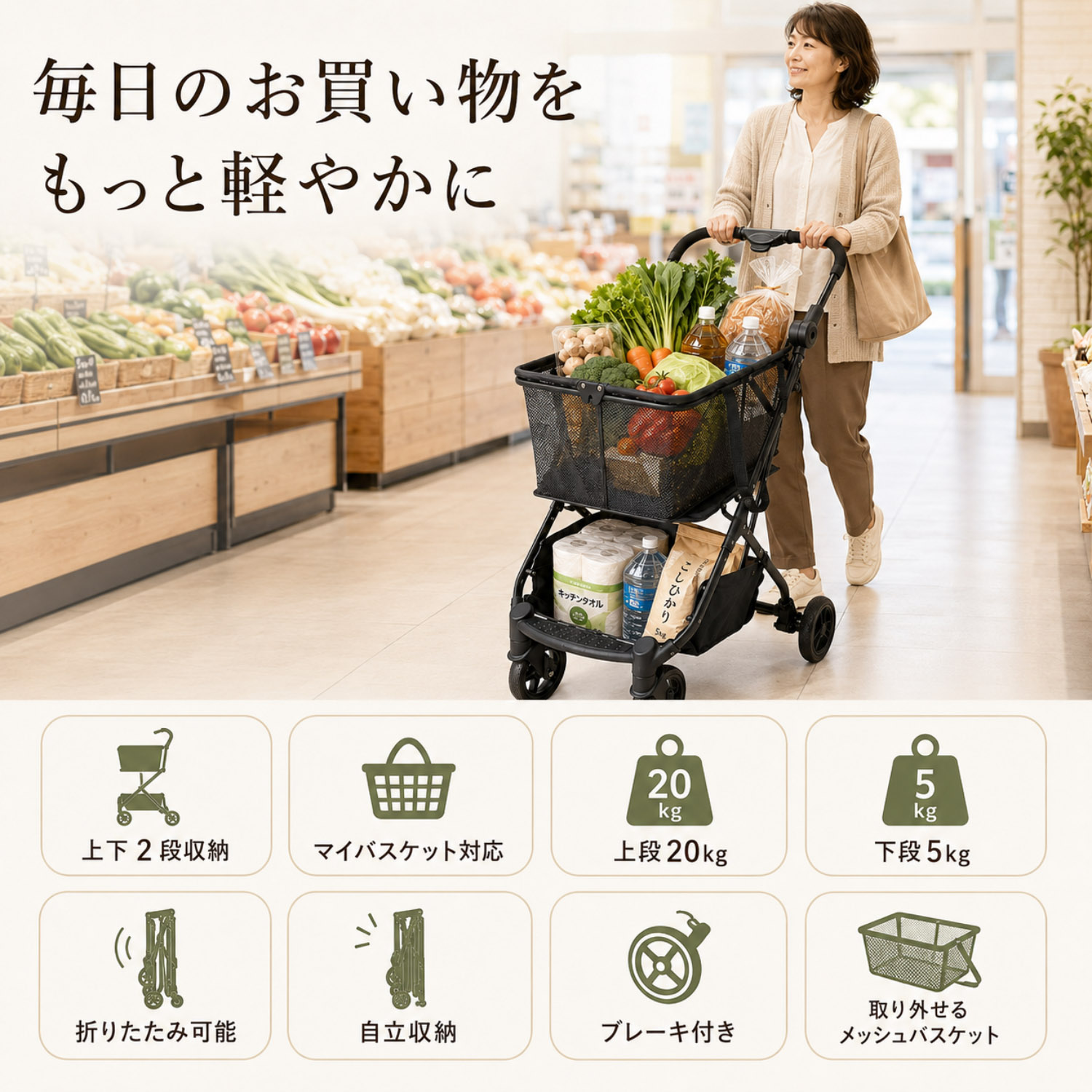 ショッピングカート 折りたたみ 4輪 おしゃれ 軽い 軽量 買い物 大容量