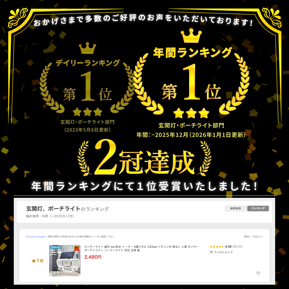 センサーライト 屋外 led 防水 ソーラー 4面パネル 333led リモコン式 明るい 人感 センサー ガーデンライト ソーラーライト 防犯 玄関 庭 関連画像1