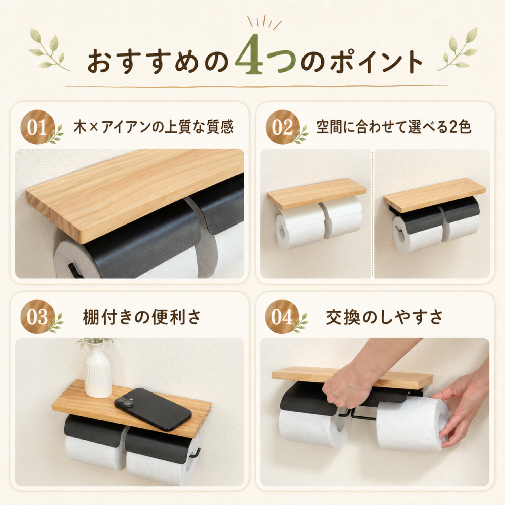 トイレットペーパーホルダー おしゃれ 2連 木製 ペーパーホルダー