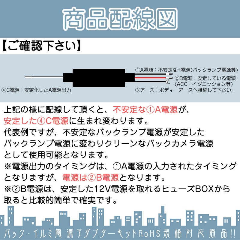 電源安定化キット 12V車用 輸入車向けDC12V 変換 バックカメラ カーナビ安定化 外車 社外バックカメラ取説付