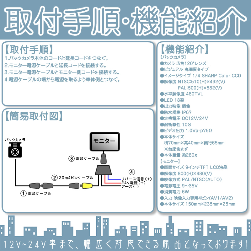 9インチ オンダッシュモニター 2台 バックカメラ 2台セット 赤外線LED搭載 12V / 24V 電源対応船 船舶 作業船 漁船 クルーザー内燃機関 ボート | いすゞ | 05