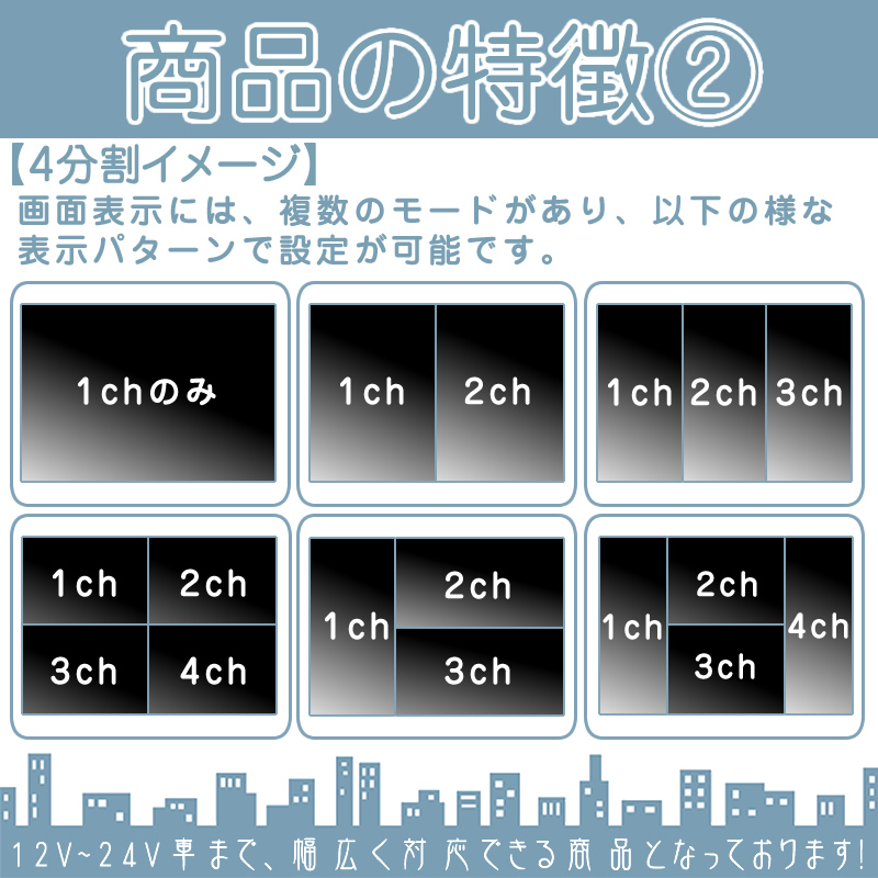 オンダッシュモニター 9インチ 4分割 バックカメラ セット 車載モニター バック連動 バックモニター 赤外線LED搭載 4ピン配線 12V 24V 10m＆20mケーブル付 | いすゞ | 03