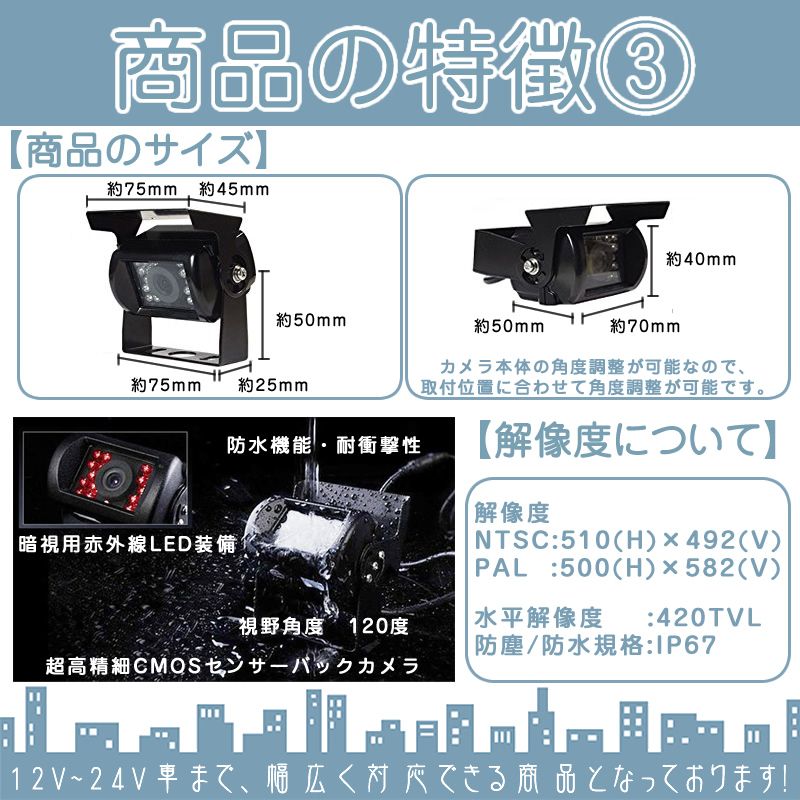 オンダッシュモニター 9インチ 4分割 バックカメラ セット 車載モニター バック連動 バックモニター 赤外線LED搭載 4ピン配線 12V 24V 10m＆20mケーブル付 | いすゞ | 04