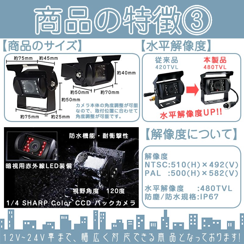 7インチ オンダッシュモニター 4分割 車載モニター バックカメラ 3台セット 赤外線LED 暗視機能 12V 24V 液晶 大型車 トラック車載 ノイズ対策済4ピンケーブル | いすゞ | 04