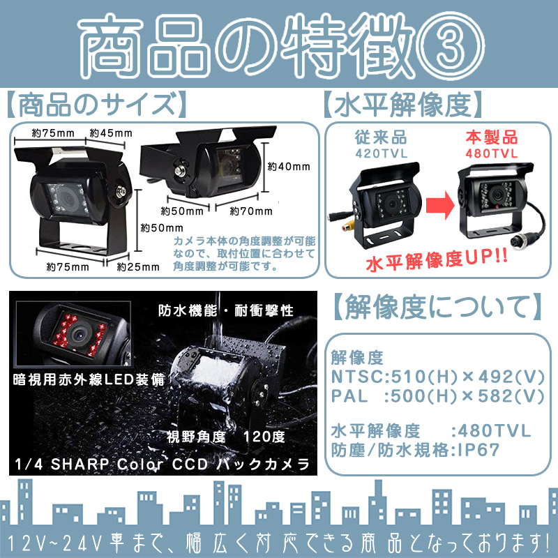 オンダッシュモニター 7インチ 4分割 バックカメラ セット 車載モニター バック連動 バックモニター 赤外線LED搭載 4ピン配線 12V 24V 10m＆20mケーブル2set | いすゞ | 04