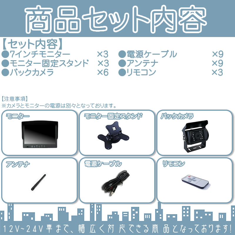7インチ オンダッシュモニター 3台 車載モニター ワイヤレス バックカメラ 6台 赤外線LED搭載 暗視機能付 12V 24V 大型車 トラック車載 液晶モニター 車載カメラ | いすゞ | 03