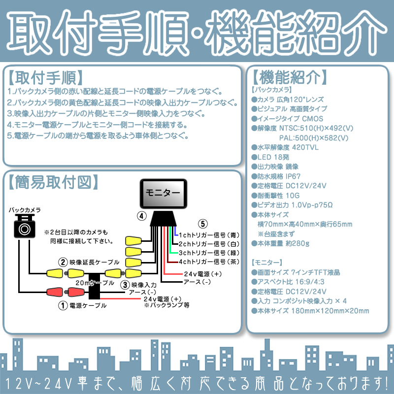 7インチ オンダッシュモニター 2台 4分割 車載モニター バックカメラ 4台 赤外線LED搭載 暗視機能付 12V 24V 大型車 トラック車載 液晶モニター 車載カメラ | いすゞ | 06
