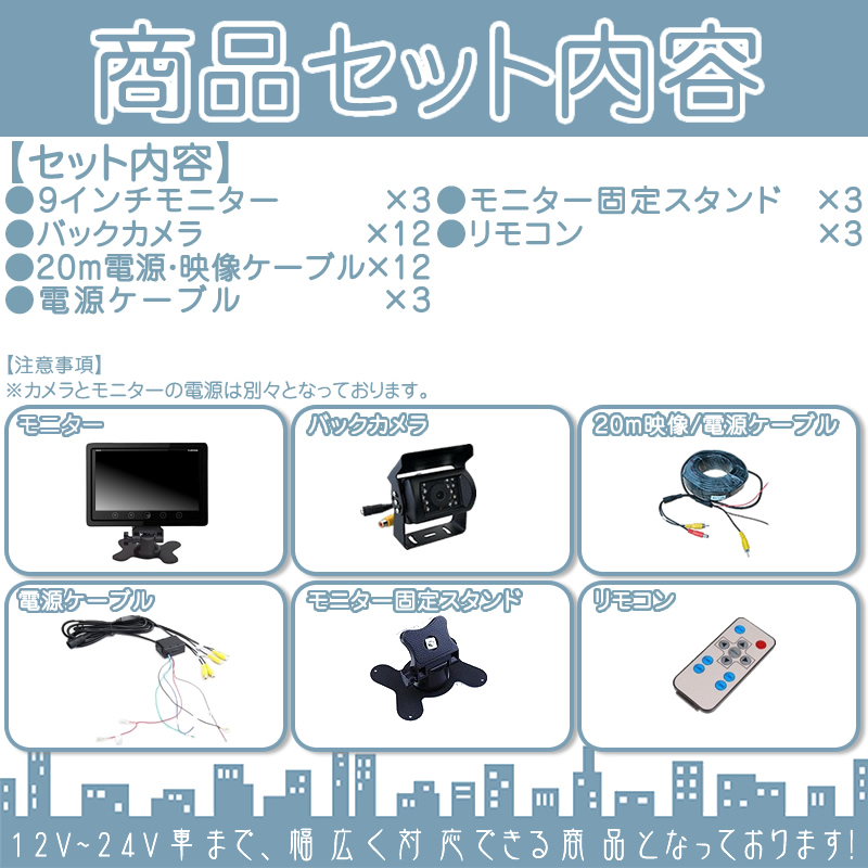 9インチ オンダッシュモニター 3台 4分割 車載モニター バックカメラ 12台 赤外線LED搭載 暗視機能付 12V 24V 大型車 トラック車載 液晶モニター 車載カメラ | いすゞ | 05