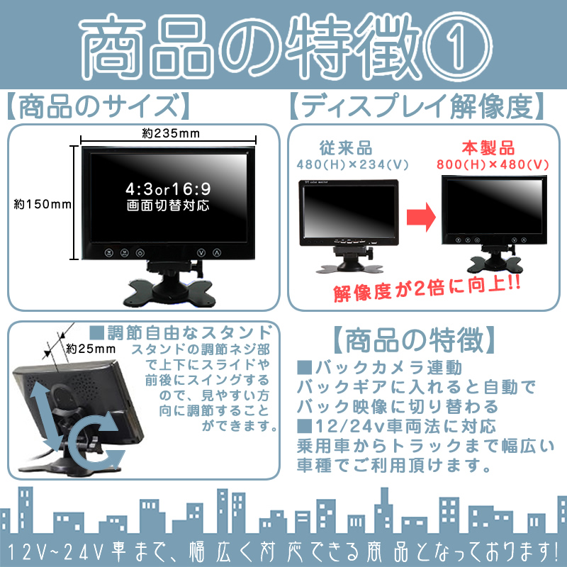オンダッシュモニター 9インチ バックカメラ 2台 セット 車載用モニター バック連動 バックモニター カーモニター 赤外線LED 12V 24V 対応 大型車 トラック | いすゞ | 02