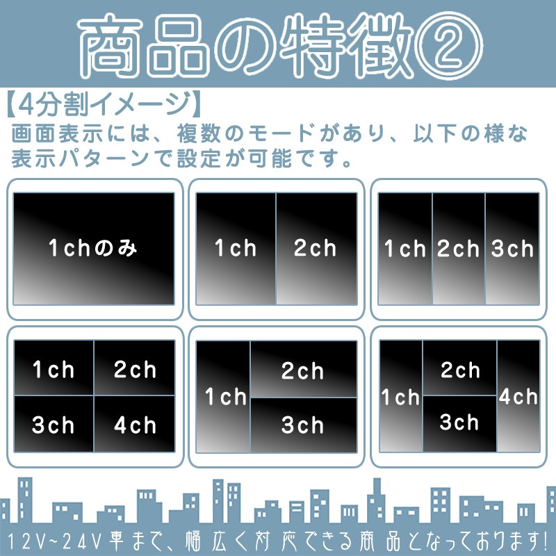 買い日本バス対応 9インチ 4分割 オンダッシュ液晶モニター + 暗視バックカメラ 2台セット 24V車対応 トラック バス 大型車対応 18ヶ月保証 内装