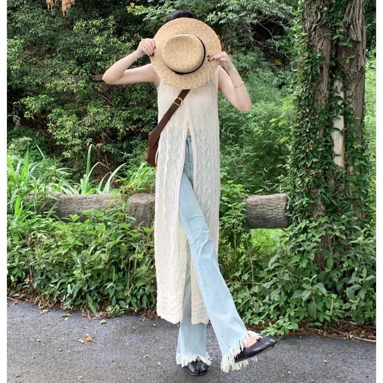 ベスト ジレ カギ編みニットロングベスト レディース ロング 透かし編み ベスト 夏 レディース かぎ編みニット ジレ