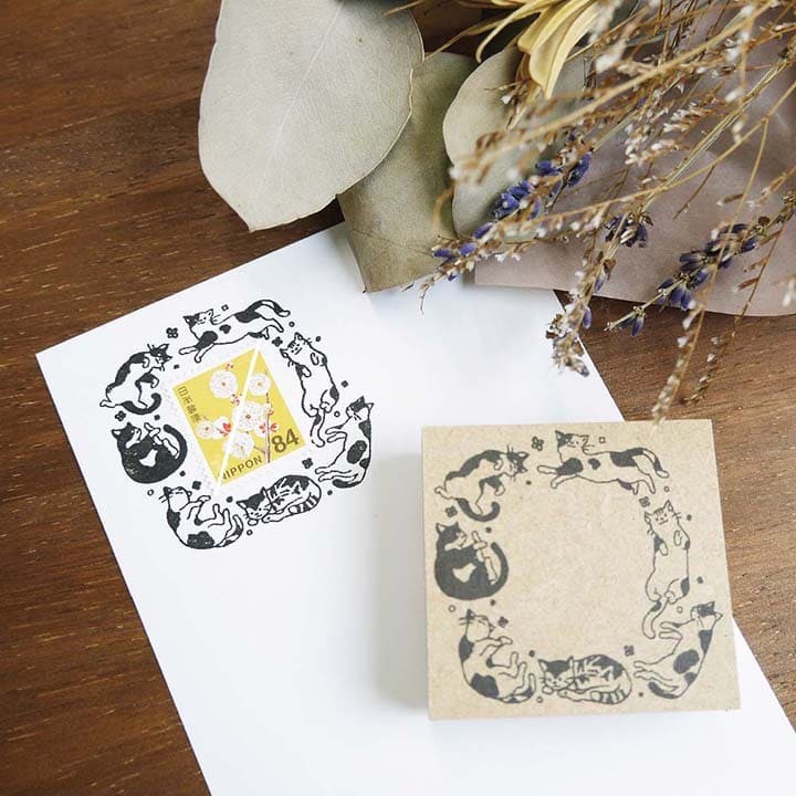 封筒付き切手（スタンプ済み） 切手フレーム（ねこだらけ） ゴム印 （a-064） 切手枠 飾り枠 手紙