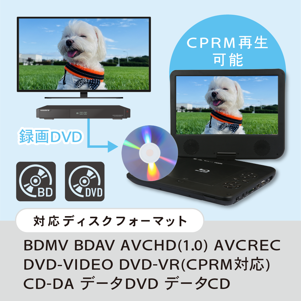 10インチ ポータブルブルーレイプレーヤー Blu-ray DVD CD CPRM対応