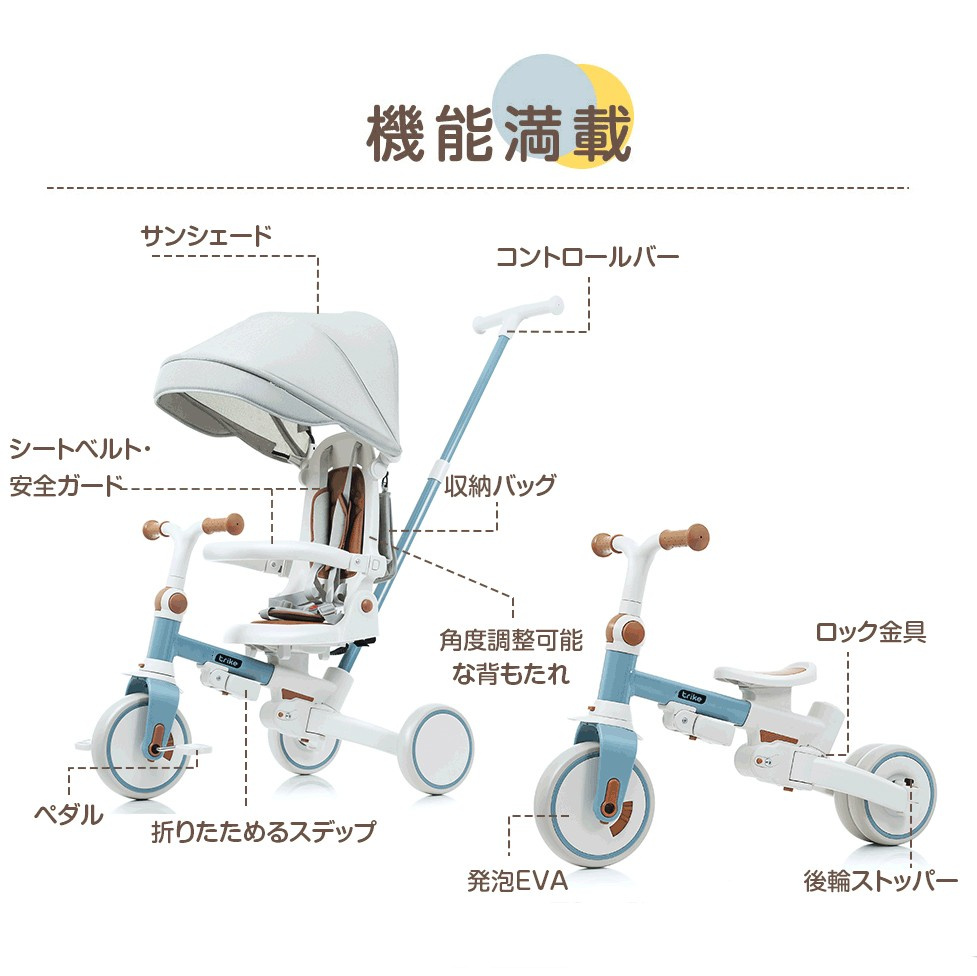 三輪車 子供用三輪車 折りたたみ 手押し かじとり 7in1 7WAY 1歳 2歳 3