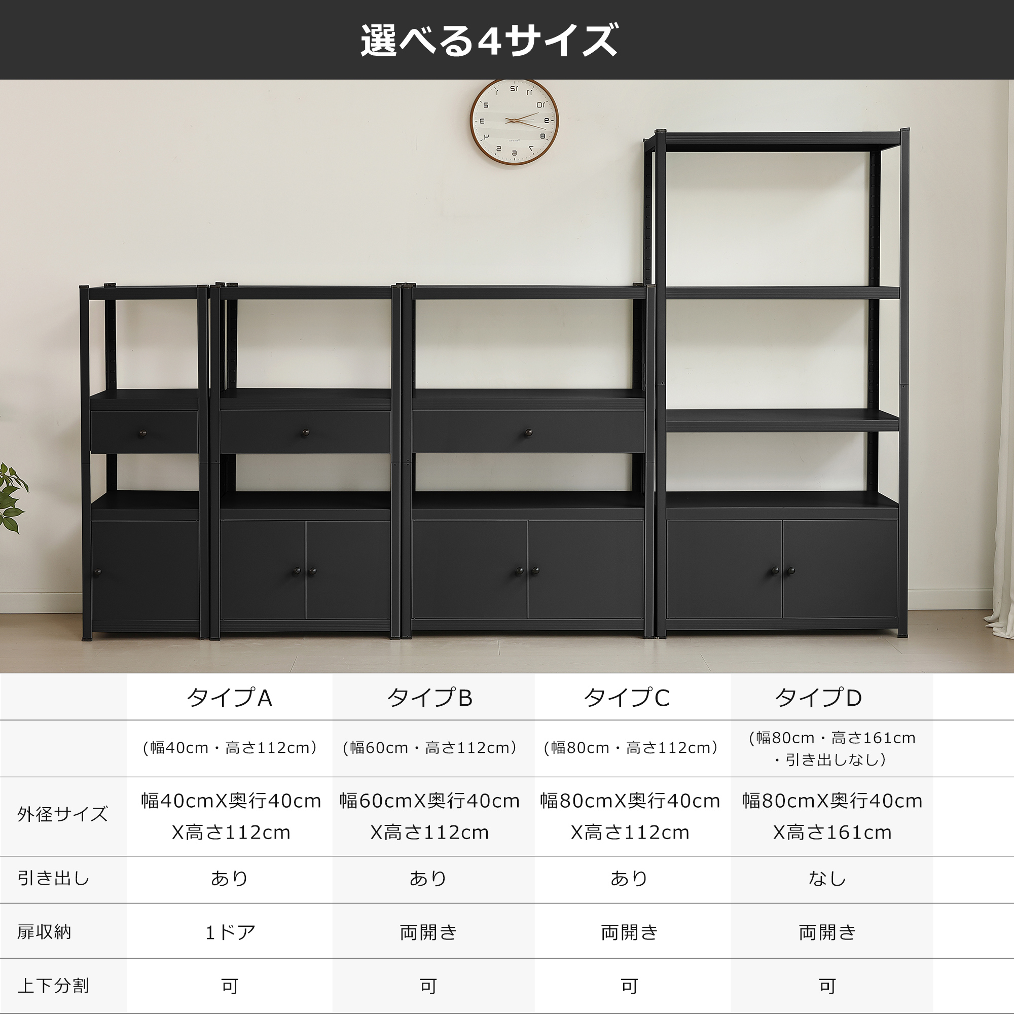 幅40cm奥行40cm高さ112cm】スチールラック 高さ調整可能 扉付き