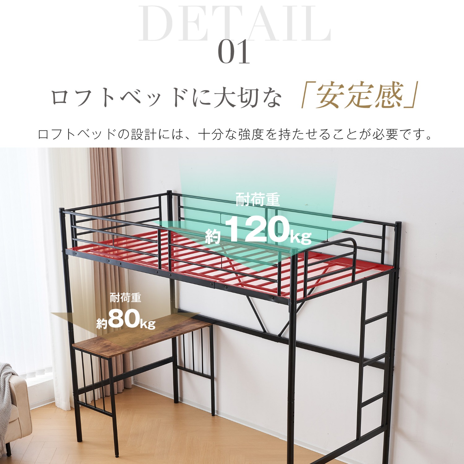 ロフトベッド デスク付き パイプベッド シングル 木 収納 北欧風 子供