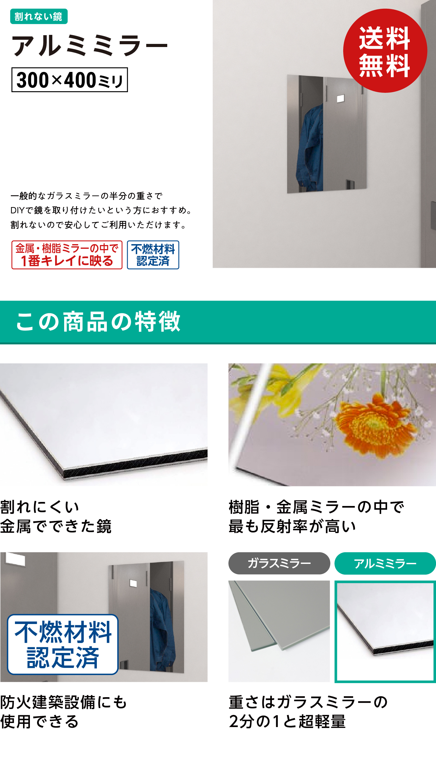 軽くて丈夫 割れない鏡 アルミミラー 300×400mm 厚み3mm 取付 軽くて丈夫 割れない鏡 アルミミラー 300×400mm 厚み3mm 取付