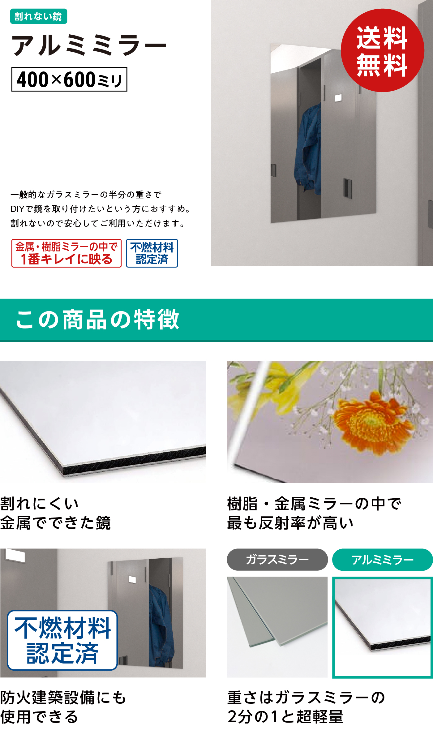 軽くて丈夫 割れない鏡 アルミミラー 400×600mm 厚み3mm 取付部材