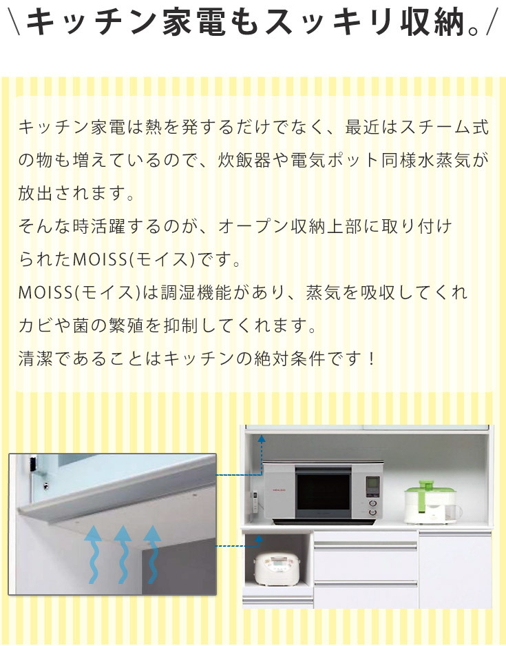 オープン収納部には、調湿機能がある、蒸気を吸収してくれカビや菌の繁殖を抑制してくれるMOISS（モイス）付き。