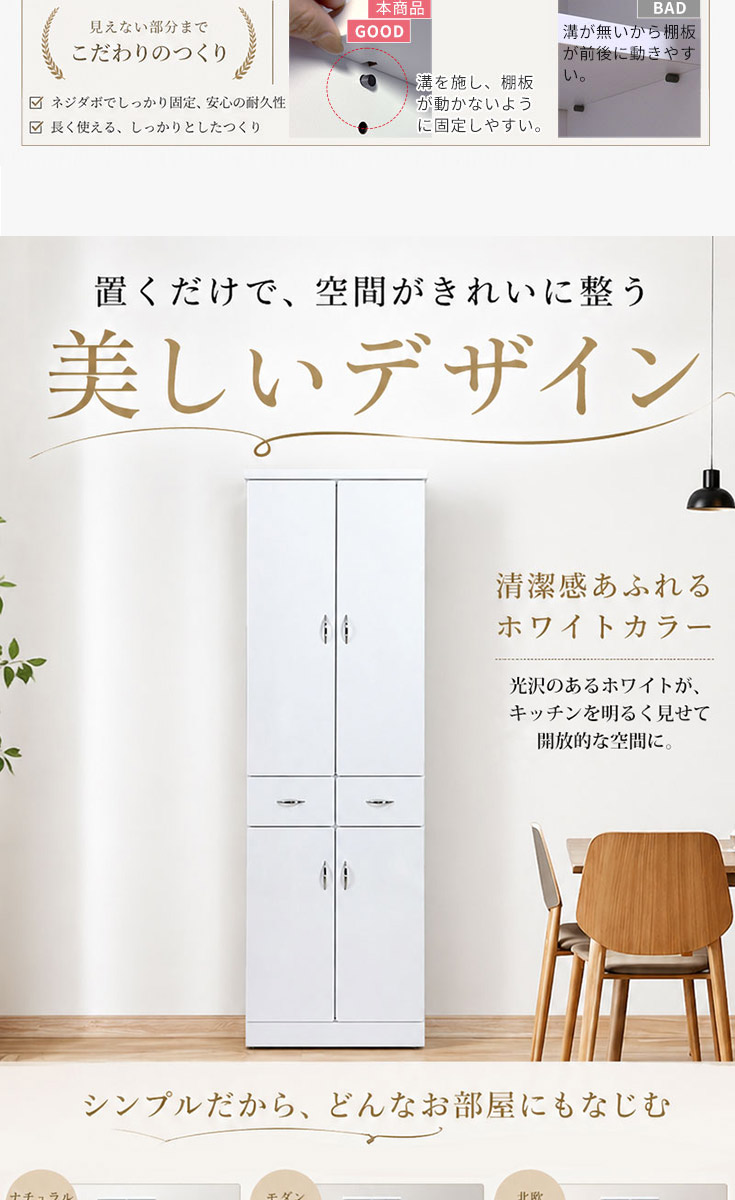 食器棚 完成品 日本製 幅60cm スリム収納 ホワイト ハイグロスシート