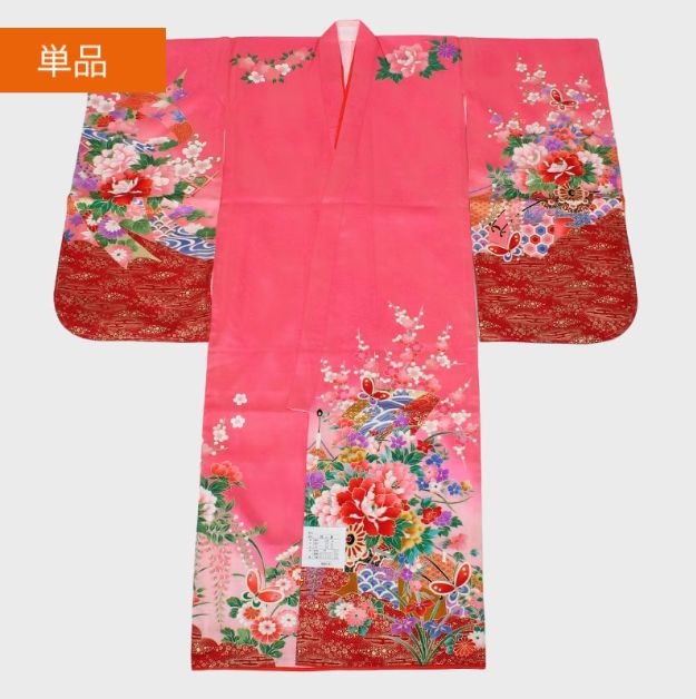 四ッ身きもの 七五三、絵羽キモノ、絹100％。晴れ着単品 長襦袢付き