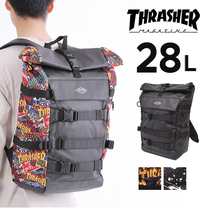 パックパック rucksack リュックサック 撥水加工 THRASHER マルチ 旅行 普段使い スポーティー スケターブランド シンプル 黒リュック 黒 ネーム｜opabinia