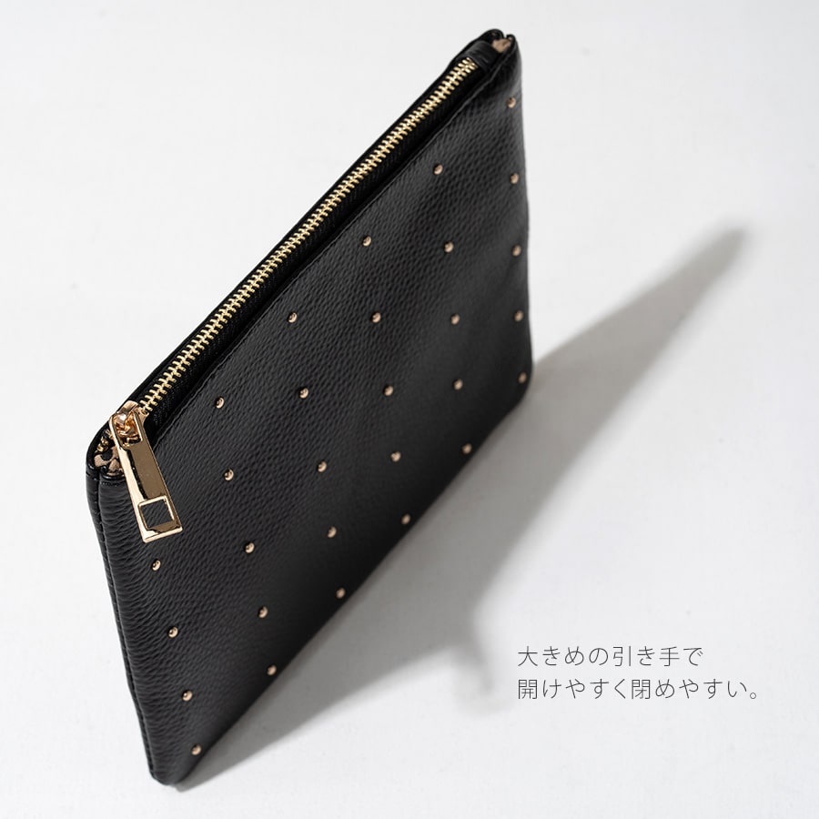 ポーチ レディース 大人 本革 牛革 レザーポーチ ドット 水玉 スタッズ 上品【Dot leather pouch ドットレザーポーチ  Mサイズ】スクエア かわいい