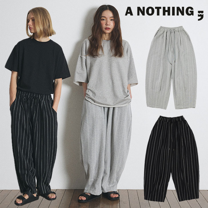 エーナッシング ボトムス A NOTHING 正規販売店 DOTTED-STRIPE BALLOON SWEAT PANTS ストライプ バルーン スウェットパンツ 全2色 22SS-03-BK/GR ウェア