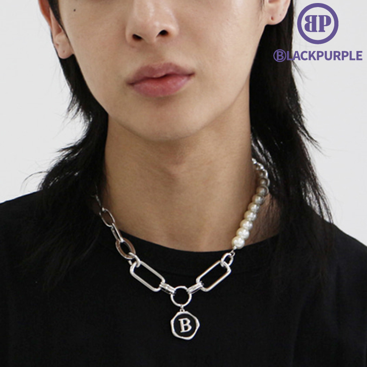 ブラックパープル ネックレス BLACKPURPLE 正規販売店 GUERLAIN SIGNATURE B PEARL &amp; CHAIN NECKLACE ゲラン シグネチャー パール Silver N0067 ACC