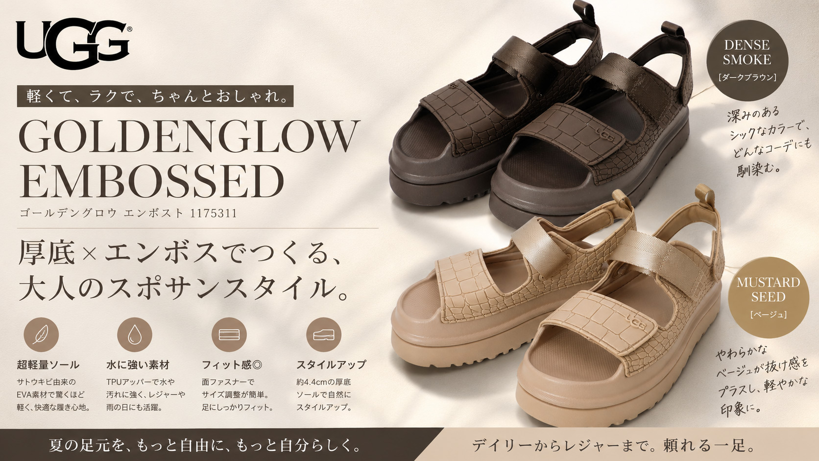 レディース UGG サンダル クロコ型押し ベージュ